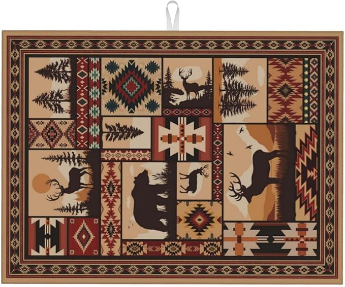 Western Wildlife Geometric Dish Drying Mat for Kitchen Counter, Absorbent Microfiber Washable Drying Pad for Dishes, Absorption, Foldable, Decorative Rustic Kitchen Mat for Sink, Home Decor, 18" x 24"