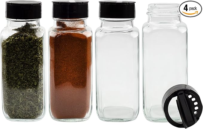 Cornucopia Brands French Square Spice Jars, Spice Shaker/Pourer w/ Lid (4 Pack); 1-Cup / 8 Fluid Ounce Capacity, Great for Spices, Herbs, Seasonings and More
