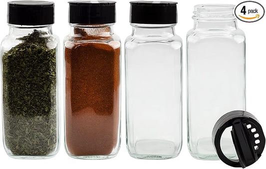 Cornucopia Brands French Square Spice Jars, Spice Shaker/Pourer w/ Lid (4 Pack); 1-Cup / 8 Fluid Ounce Capacity, Great for Spices, Herbs, Seasonings and More