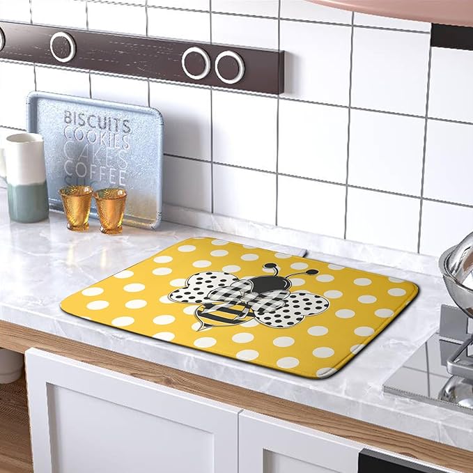 Bee Dish Drying Mat for Kitchen Counter 18x24 Inch Yellow Bumblebee Polka Dots Dishes Pad Cute Honey Bees Dish Draining Microfiber Absorbent Dish Drainer Rack Mat Large Kitchen Accessories - Image 5