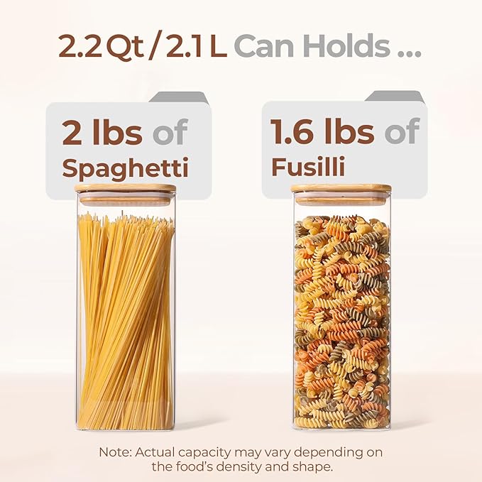 ComSaf 2.2 Qt Rectangle Glass Storage Containers with Lids, Glass Jars with Bamboo Lids, Clear Food Storage Jar, Tall Spaghetti Container, Pantry Storage Container for Pasta Flour Oats Nuts Rice - Image 3