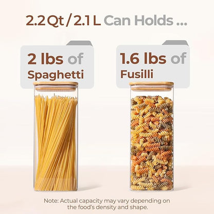 ComSaf 2.2 Qt Rectangle Glass Storage Containers with Lids, Glass Jars with Bamboo Lids, Clear Food Storage Jar, Tall Spaghetti Container, Pantry Storage Container for Pasta Flour Oats Nuts Rice - Image 3