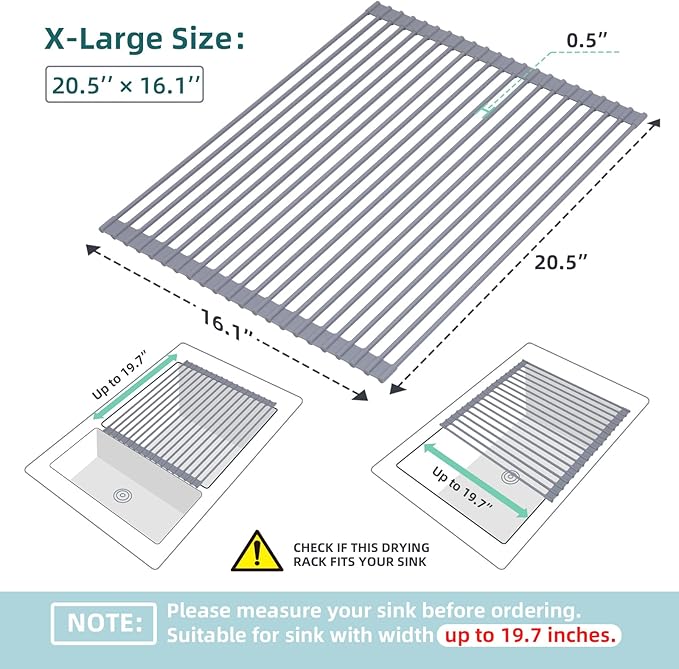 Ohuhu Sink Drying Rack, 20.5" W x 16.1" L Over The Sink Roll-Up Dish Drainer - Rolling Foldable Accessories Heat-Resistant Mat Anti-Slip Silicone Coated Multipurpose for Kitchen Counter - Image 9