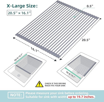Ohuhu Sink Drying Rack, 20.5" W x 16.1" L Over The Sink Roll-Up Dish Drainer - Rolling Foldable Accessories Heat-Resistant Mat Anti-Slip Silicone Coated Multipurpose for Kitchen Counter - Image 9