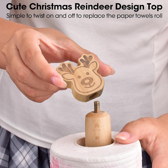 KitchLife Cute Wooden Paper Towel Holder Countertop - Solid Freestanding Paper Towel Dispenser Stand Organizer with Anti-Skid Base (Christmas Reindeer Style) - Image 3