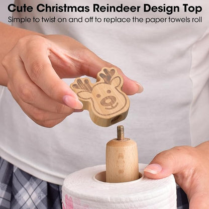 KitchLife Cute Wooden Paper Towel Holder Countertop - Solid Freestanding Paper Towel Dispenser Stand Organizer with Anti-Skid Base (Christmas Reindeer Style) - Image 3