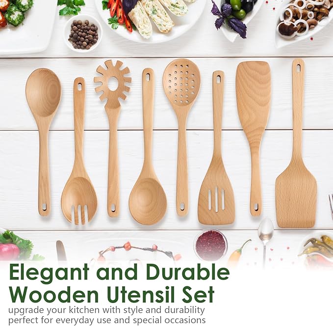 HOWHONG Wooden Spoons for Cooking, Beech Wood Kitchen Utensil Set, Premium Handmade Wooden Cooking Utensils for Nonstick Cookware, Heat Resistant, Smooth Finish, Comfortable Grip, 8 Piece - Image 7