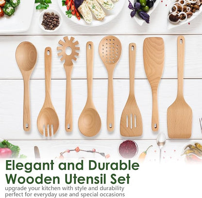 HOWHONG Wooden Spoons for Cooking, Beech Wood Kitchen Utensil Set, Premium Handmade Wooden Cooking Utensils for Nonstick Cookware, Heat Resistant, Smooth Finish, Comfortable Grip, 8 Piece - Image 7