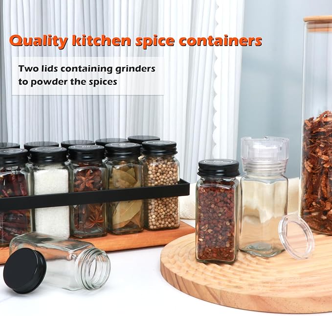 Maredash 24pcs Spice Jars with180 Labels,Glass Spice Jars, Seasoning Containers,Seasoning Organizer,Include black metal lid, pen, grinder, stainless steel funnel, two type inner plugs - Image 6