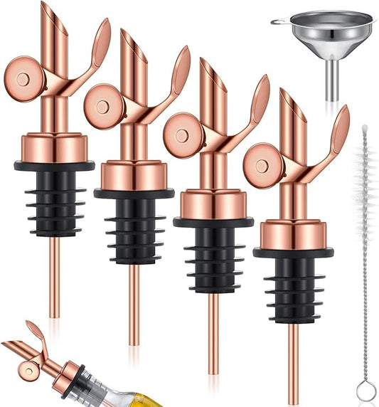 Tioncy 4 Pieces Weighted Stainless Steel Pourers Olive Oil Spout Olive Oil Dispenser Spout Automatic Opening and Closing with Funnel and Brush for Pouring Wine Syrup Kitchen(Rose Gold)