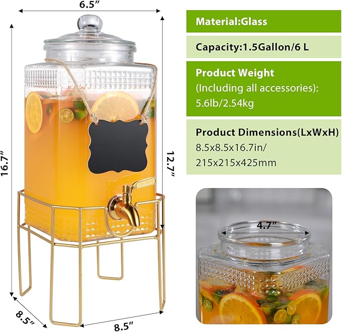Drink Dispensers for Parties,1.5 Gallon Drink Dispenser,Beverage Dispenser with Stand,Glass Lid and Stainless Steel Spigot Leak-proof, Ideal for Lemonade,Juice, Tea, and Party Drinks - Image 2