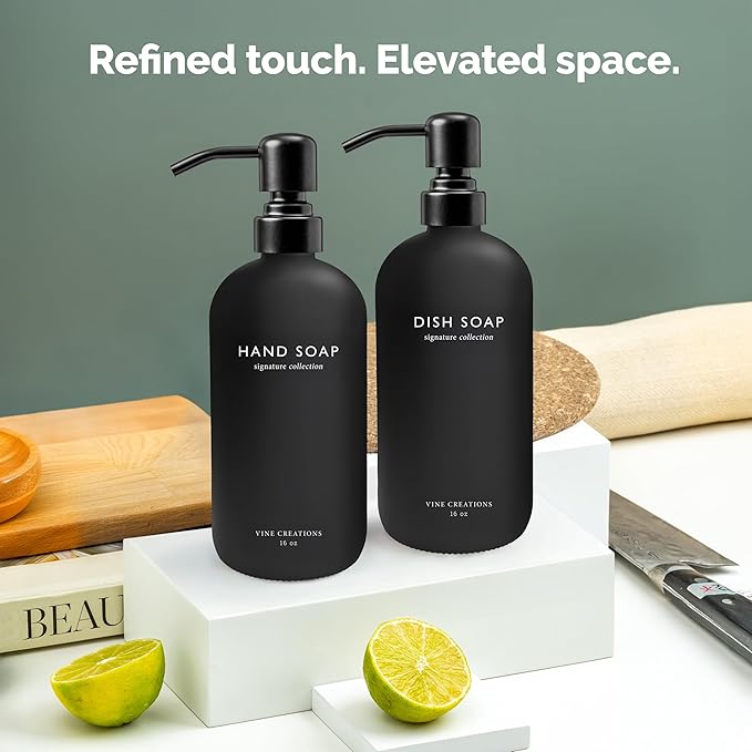 Vine Creations Black Glass Soap Dispenser Set, Dish Soap and Hand Soap Dispenser Set with Stainless Steel Pump, 16 oz Glass Dispensers for Kitchen Bathroom Decor (Matte Black Bottle/Matte Black Pump) - Image 6