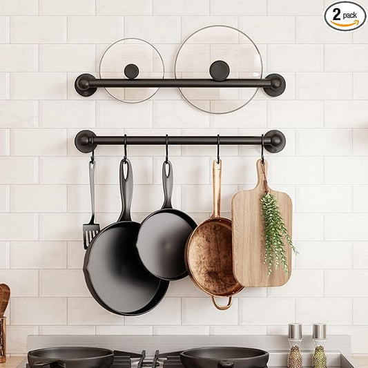 KES 110lb High-Capacity Pot Rack Wall Mounted Set of 2, 16 Inch Pot Hangers for Kitchen with 5 Hooks, 18/8 Stainless Steel Screws & Drilling Template for 16" Stud Mount, Black, KUR228S16-BK-P2 by KES