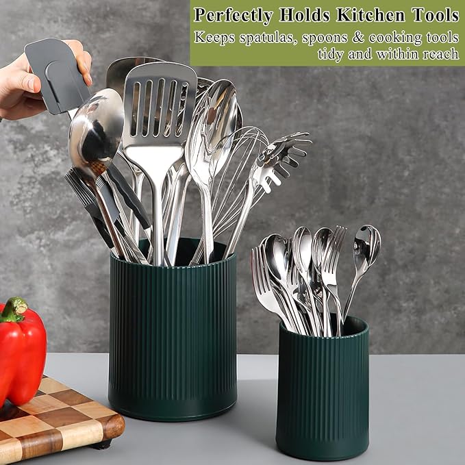 HOMQUEN 360° Rotating Utensil Holder, 6.3''+4.7'' Plastic Kitchen Utensil Holder for Countertop, Large Cooking Utensil Crocks for Kitchen Decor, Utensil Organizer for Spatula, Set of 2 (Green) - Image 5