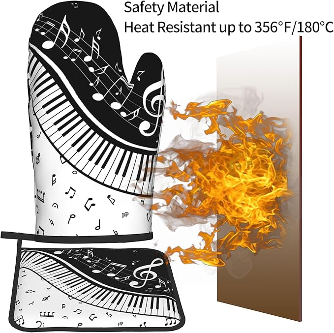 Oven Mitt and Pot Holders Sets - Music Kitchen Mitts Black White Piano Oven Gloves Hot Pads Set of 2 for Cooking BBQ Baking Grilling - Image 5