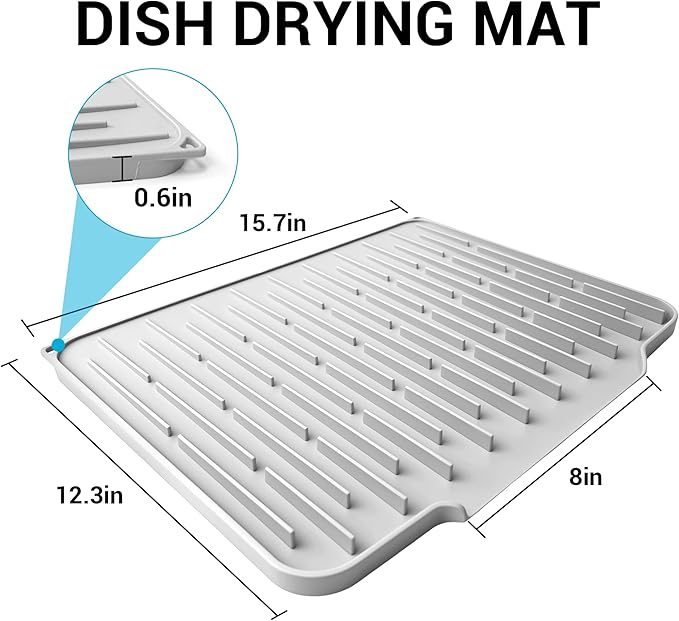 Foldable Silicone Dish Drying Mat for Kitchen Counter & Sink - Quick Dry, Space Saving, Non-Slip Pad for Small Apartments & Coffee Bar Light Grey