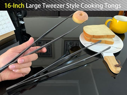 JETKONG 2 Pcs 16-Inch Kitchen Tweezers Tongs with Precision Serrated Tips, Stainless Steel Chef Tweezer Professional Cooking Tweezers for BBQ, Plating and Serving (16-Inch, Black) - Image 5