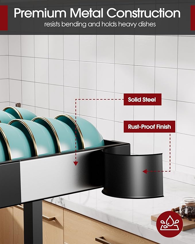 Sakugi Over The Sink Dish Drying Rack, Expandable 2-Tier Stainless Steel Kitchen Storage Organization Accessories for Countertop, Rustproof & Space-Saving, 30"–34.5" L x 12" W x 25" H, Black - Image 5