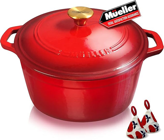 Mueller 6qt Enameled Cast Iron Dutch Oven, Heavy-Duty Casserole and Braiser Pan with Lid and Knob, Oven-Safe up to 500° F & Across All Cooktops, Red by MUELLERHOME