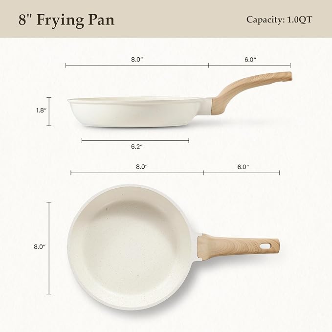CAROTE Non Stick Frying Pan Skillet, Omelet Pan, Healthy Non Toxic Granite Chef Pan, Induction Compatible Egg Frying Pan with Heat-Resistant Handle, PFOA-Free,Cream White, 8" - Image 2