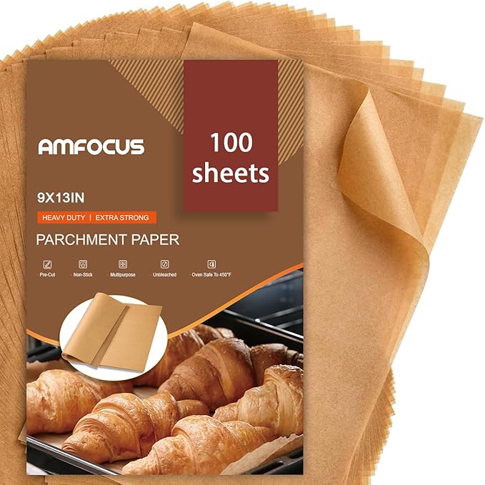 Parchment Paper Sheets, 9x13 In Non-Stick Precut Baking Parchment for Baking, Grilling, Air Fryer, Steaming, and More (Unbleached) - Quarter Sheet Size, Perfect for Bread, Cakes, Cookies, 100PCS by AMFOCUS