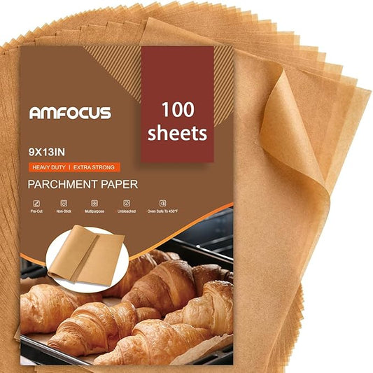 Parchment Paper Sheets, 9x13 In Non-Stick Precut Baking Parchment for Baking, Grilling, Air Fryer, Steaming, and More (Unbleached) - Quarter Sheet Size, Perfect for Bread, Cakes, Cookies, 100PCS by AMFOCUS