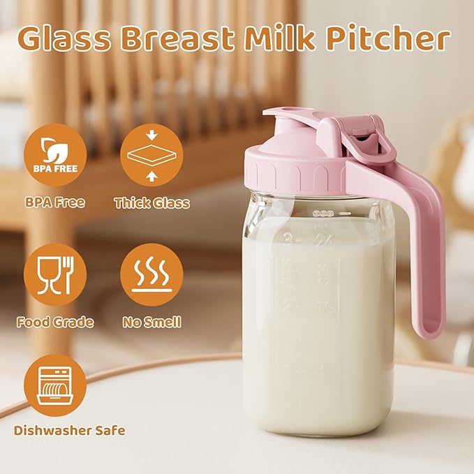 Breast Milk Pitcher, Mason Jar 32 oz, Heavy Duty Wide Mouth Jar with Pink Flip Cap Lid and Pour Spout, Airtight Seal for Freshness and Convenience, Great for Cold Beverages and Home Entertaining - Image 5