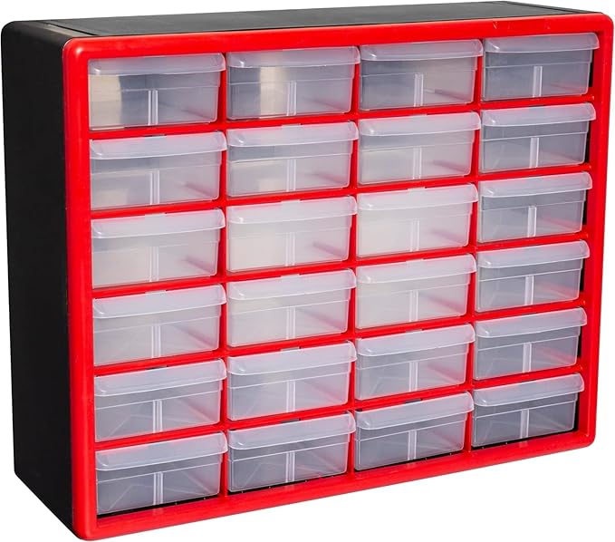 Akro-Mils 24-Drawer Plastic Drawer Storage Cabinet for Garage Organization, Bead Organizer, Building Bricks Storage, Teacher Toolbox, Makeup Organizer, 20" W x 6" D x 16" H, 10124 Red by Akro-Mils