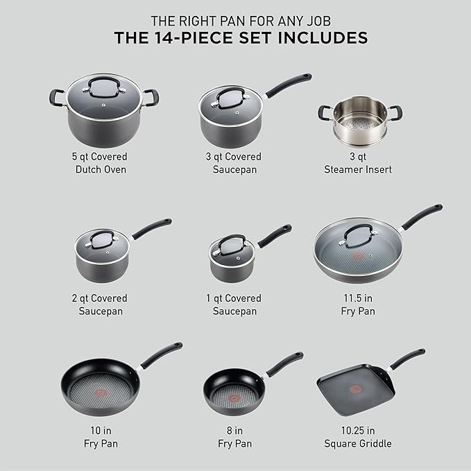 T-fal Ultimate Hard Anodized Nonstick Pots and Pans Set 14 Piece, Oven Broiler Safe 400F, Kitchen Cooking Set w/Fry Pans, Saucepans, Griddle, Dutch Oven, Dishwasher Safe, Cookware, Onyx - Image 2