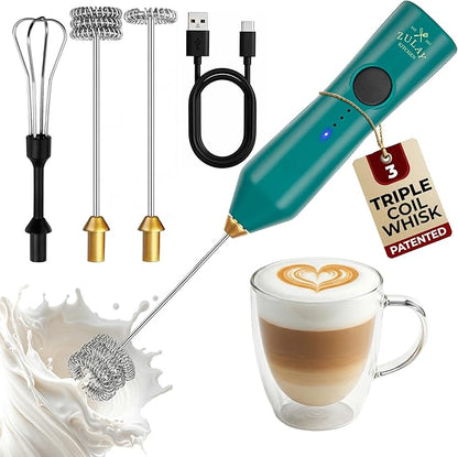 Zulay Kitchen Rechargeable Milk Frother - Dynamic - 3 Speeds, 3 Whisk Attachments, 500 mAh USB Charging, Drink Mixer For Latte, Cappuccino, Matcha, Protein Powder, Coffee Foam - Green Gold by ZulayKitchen