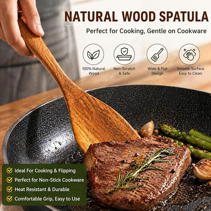 Wooden Spatulas, 2 PCs Natural Acacia Wooden Cooking Utensils Set for Non-stick Pan Kitchen Tool, flipping and Wok Spatula, Wooden Spoons & Spurtle for Cooking - Image 2