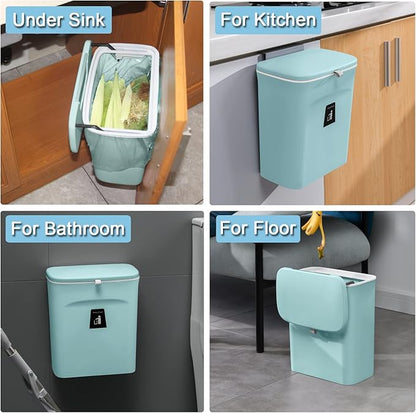 Tiyafuro 2.4 Gallon Kitchen Compost Bin for Counter Top or Under Sink, Hanging Small Trash Can with Lid for Cupboard/Bathroom/Bedroom/Office/Camping, Mountable Indoor Compost Bucket (Blue) - Image 6