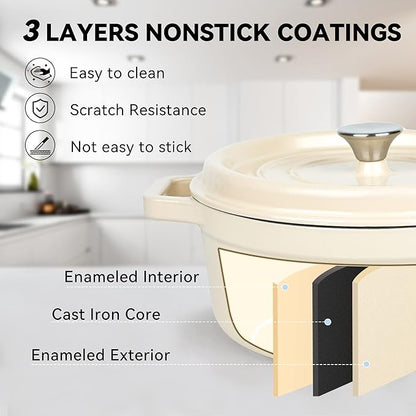 Miereirl 6.5 Quart Enameled Dutch Oven Pot with Lid, Cast Iron Dutch Oven with Dual Handles for Bread Baking, Cooking, Non-stick Enamel Coated Cookware (Beige) - Image 5