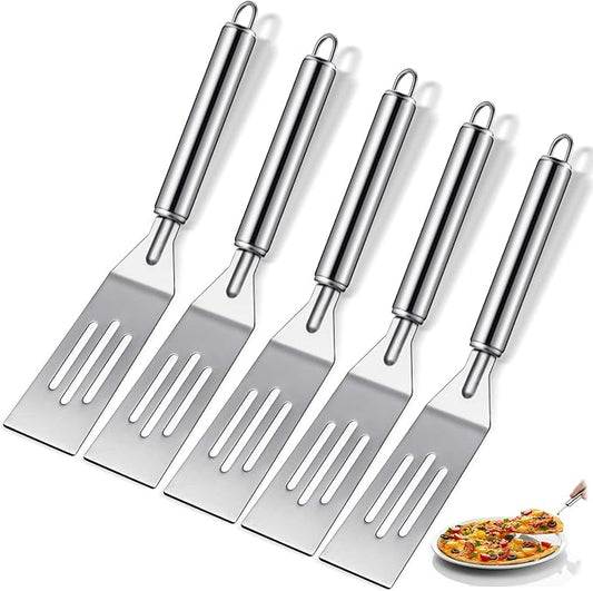 Patelai 5 Pack Mini Spatula, Small Stainless Steel Serving Spatula for Brownies, Cookies, Eggs and Pancakes, Solid Blade, Offset Handle, Dishwasher Safe Kitchen Turner (Slotted,Stainless Steel Handle)