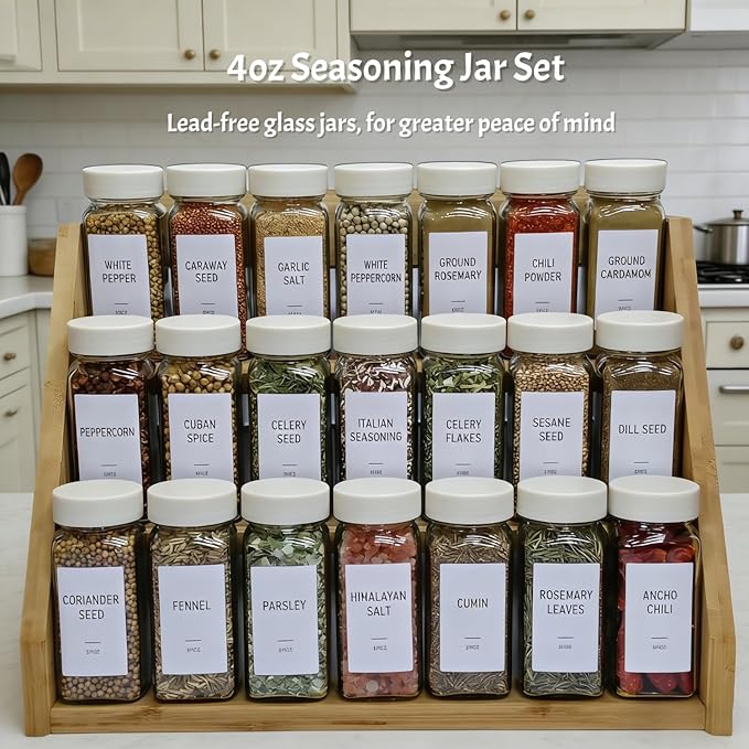 Spice Jars with Labels - 24 Glass Spice with Shaker Lids & Airtight Plastic Caps - 4oz Complete Seasoning Containers Organizer Set for Cabinet, Drawer & Rack (Beige) - Image 2