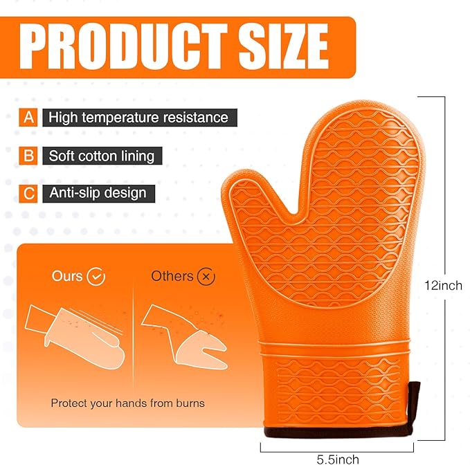 Silicone Oven Mitts, Heat Resistant 2PCS Oven Mitts with Soft Cotton Lining, Waterproof Non-Slip Grip Oven Glove, Kitchen Potholder Mits for BBQ, Baking, Cooking, 12.5 Inch - Orange - Image 2