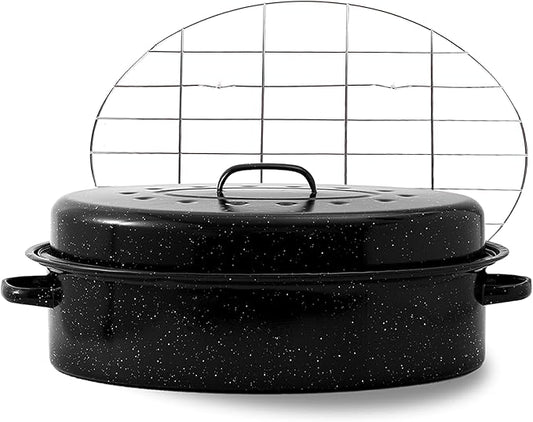 Oval Roasting Pan with Lid and Rack 18" Large Roaster Pan Set Comes With Lron Rack Enamel Cook Ware Dishwasher Compatibility Granite Oven Roaster