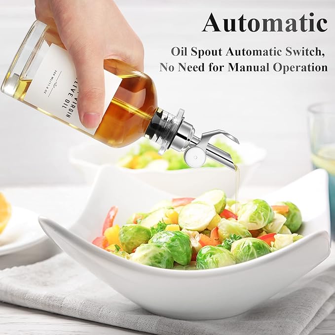 Olive Oil Dispenser Bottle Set with Bamboo Tray, Silver Classic Oil Dispenser, 2 x 350ML Glass Bottles, Weighted Metal Pourers, Kitchen Storage & Dispensing - Image 2