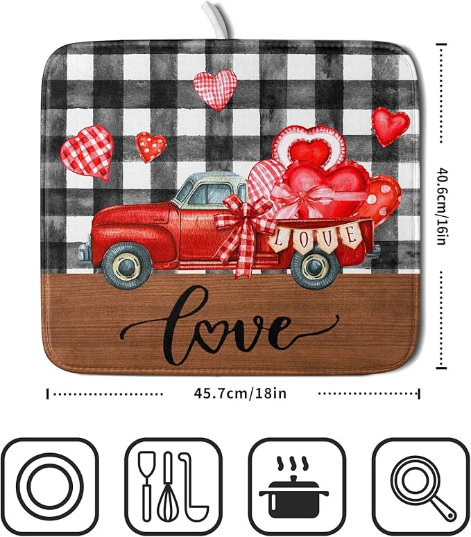 Valentine's Day Red Heart Truck Dish Drying Mat for Kitchen Counter,Black White Buffalo Plaid Love Drying Mat 16 x 18 Inch with Absorbent Reversible Microfiber Dish Drying Pad for Coffee Bar - Image 2