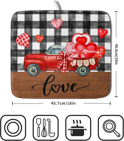 Valentine's Day Red Heart Truck Dish Drying Mat for Kitchen Counter,Black White Buffalo Plaid Love Drying Mat 16 x 18 Inch with Absorbent Reversible Microfiber Dish Drying Pad for Coffee Bar - Image 2