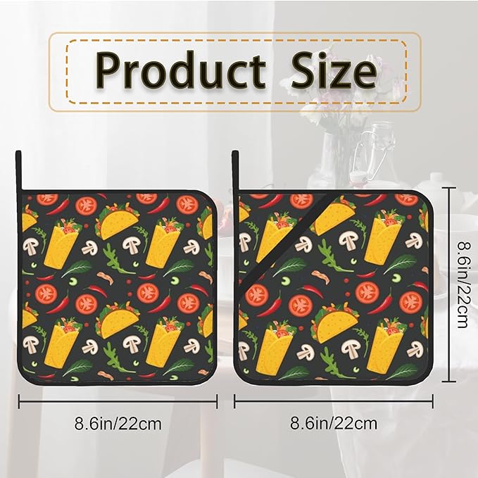 Cartoon Burrito Taco Hot Pepper Pot Holder Set of 2,Heat Resistant Potholders Oven Hot Pads for Kitchen Cooking Baking BBQ
