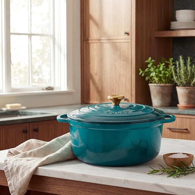 Zulay Kitchen 6.4 Quart Enameled Cast Iron Dutch Oven Pot with Lid, Emerald - Image 2