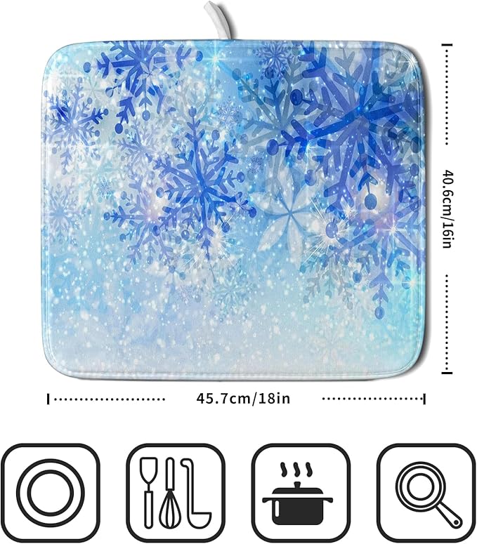 Giwawa 16"x18" Winter Blue Snowflakes Dish Drying Mat Christmas Snow Falling Nature Ice Dish Drainer Mats for Kitchen Microfiber Reversible Dish Drying Rack Pad for Countertop Tabletop Decor