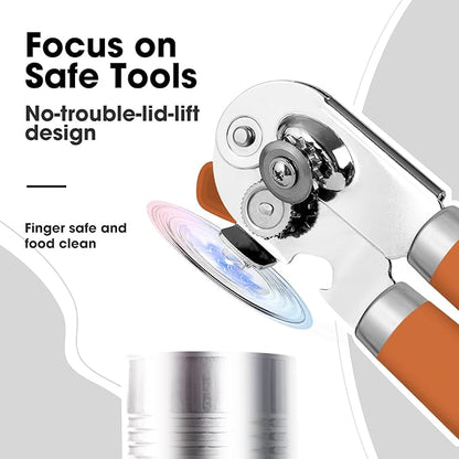 Beneno Heavy Duty Hand Can Opener Manual with Magnet, Durable Sharp Carbon Steel Blade Smooth Cutting, Big Effort-Saving Knob, Soft Grip Handle, Multifunctional Kitchen Tool with Bottle Opener, Orange - Image 5