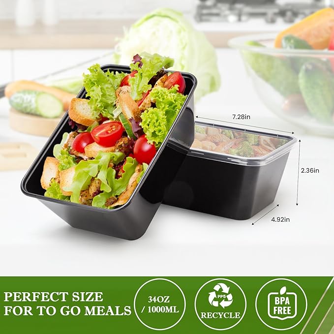 Meal Prep Containers 50Pack - 34oz Food Storage Containers with Lids, Reusable Food Prep Containers, Disposable To Go food Containers for Takeout, BPA Free, Stackable, 1000ml, Microwave/Freezer Safe - Image 6