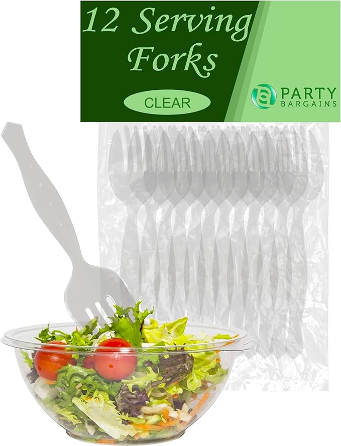 PARTY BARGAINS Disposable Clear Plastic Serving Forks 8.75 Inch – Heavy Duty Clear Plastic Forks for Parties, Catering, Weddings, Events – 12 Count