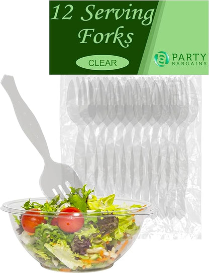 PARTY BARGAINS Disposable Clear Plastic Serving Forks 8.75 Inch – Heavy Duty Clear Plastic Forks for Parties, Catering, Weddings, Events – 12 Count