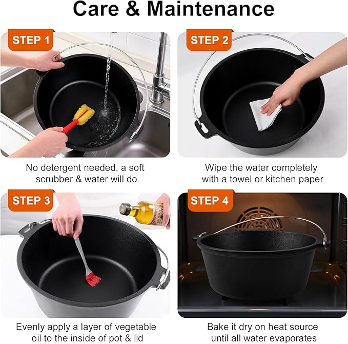 10 QT Pre-Seasoned Cast Iron Camp Dutch Oven with Lid, Large Camping Dutch Oven Pot, incl. Lid Lifter - Dual Handles - for Outdoor Campfire, Grill, Oven&Stovetop Cooking - Black - Image 4