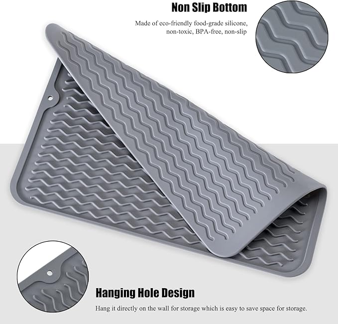 Large 17" x 14" Silicone Dish Drying Mat for Kitchen Counter, Easy clean, Quick Dry, Heat-resistant Dish Drainer Mat for Sink,Refrigerator or Drawer liner (Food Grade Silicone-White) - Image 6
