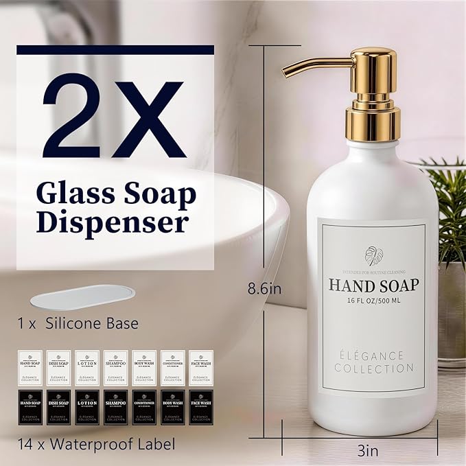 White Glass Soap Dispenser Set of 2, 16oz Hand and Dish Soap Dispenser for Kitchen & Bathroom, Gold Stainless Steel Pump, Non-Slip Base, 14 Waterproof Labels, Contemporary Style - Image 8